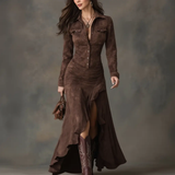 Lisette | Vestido Longo Retro Castanho com Volantes