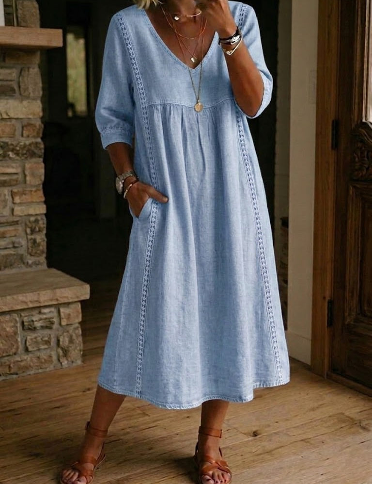 Aurélia | Vestido Amplo de Linho e Algodão com Renda