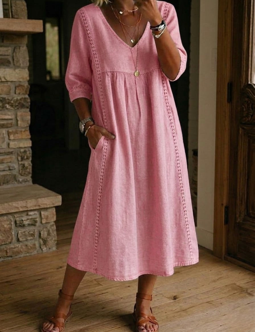 Aurélia | Vestido Amplo de Linho e Algodão com Renda