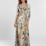 Caroline | Robe maxi portefeuille a flores com mangas três-quartos