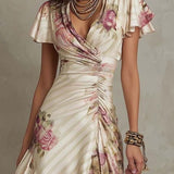 Vestido midi de cetim com padrão floral, elegante e de estilo retro