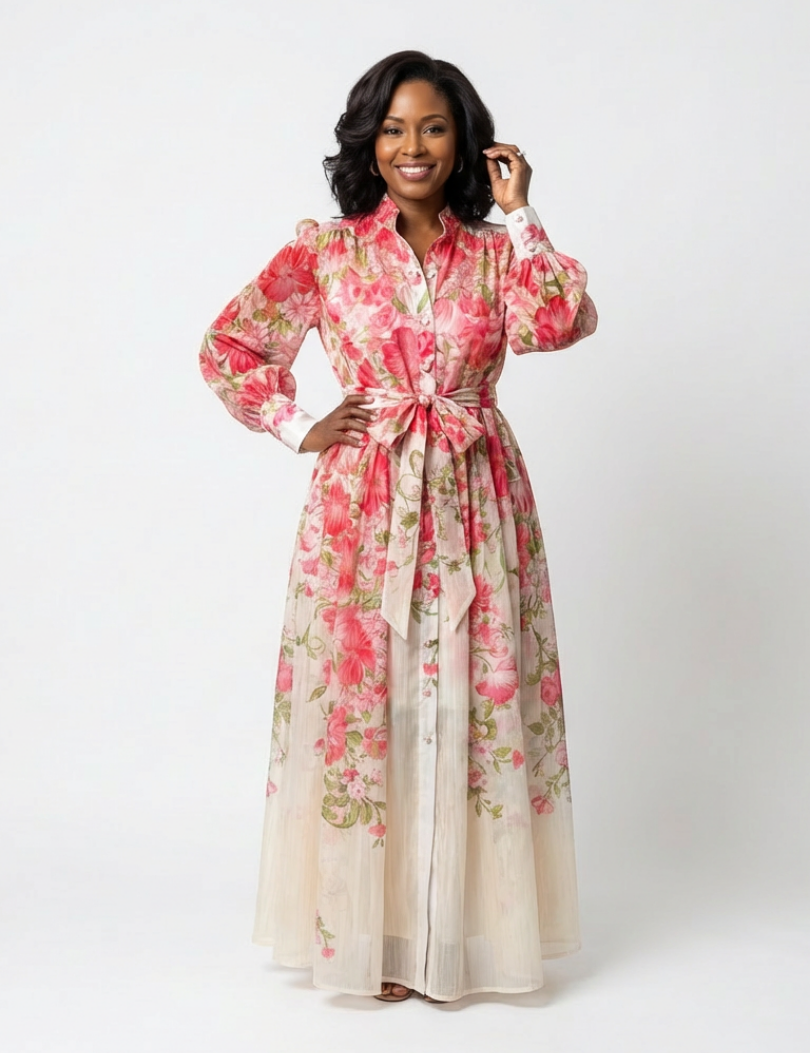 Delphine | Vestido maxi fluido de mangas longas e flores